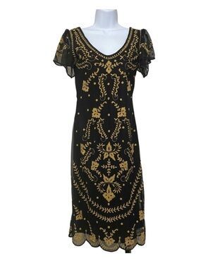 Gatsbylady London 20s Black Midi Dress with Gold Embroidery - Elegant V-Neck